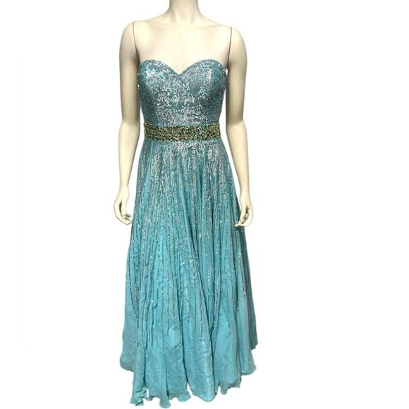Sherri Hill 100% Silk Light Blue Gown with Sequins Strapless Prom Dress Size 8 - Picture 3 of 15
